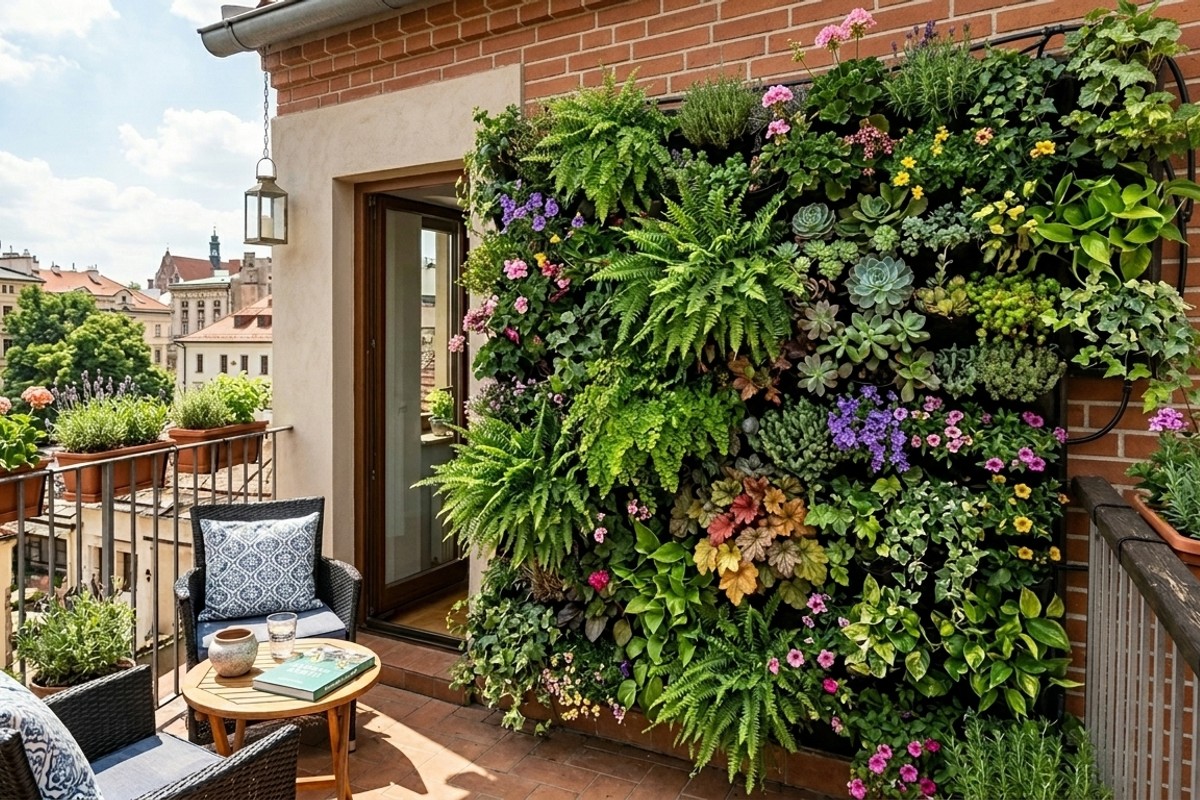 Balcony with a vibrant vertical garden green wall of ferns and succulents.
