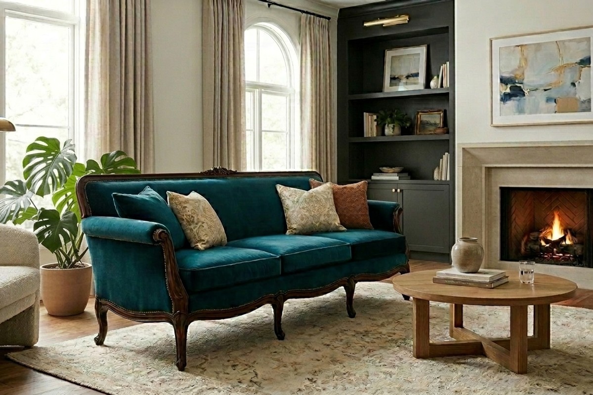 Antique settee reupholstered in bold deep teal velvet, showcasing custom upholstery in a living room.