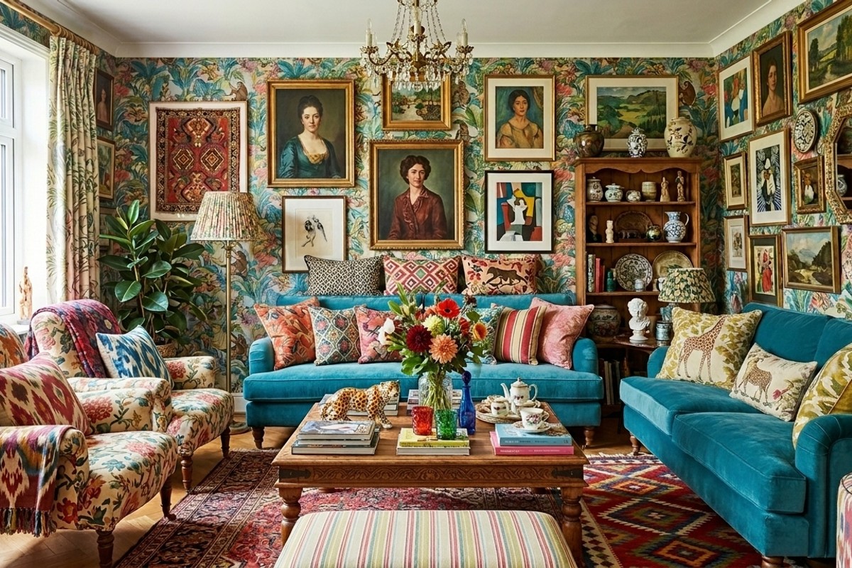 Vibrant maximalist living room with bold wallpaper, patterned upholstery, colorful art, and layered throw pillows.