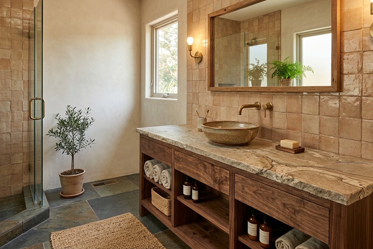 Sustainable bathroom with native stone countertop and handcrafted ceramic tiles