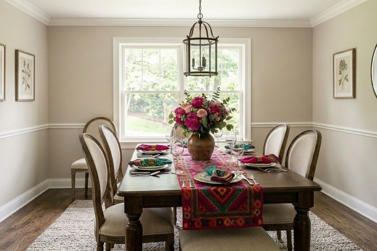 Neutral dining room with greige walls, accented with a colorful table runner and fresh fuchsia flowers.