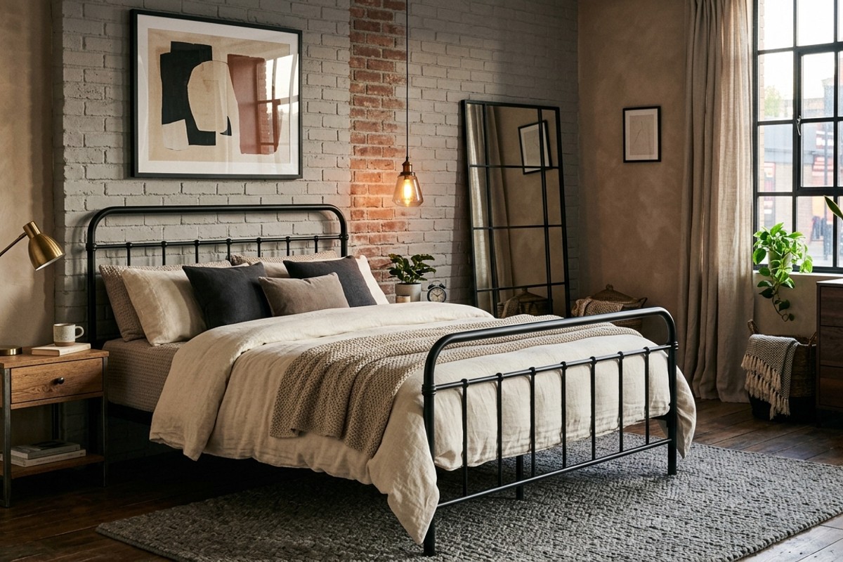 Soft Industrial bedroom with a metal-framed bed, plush textiles, and a charcoal, cream, and taupe palette.