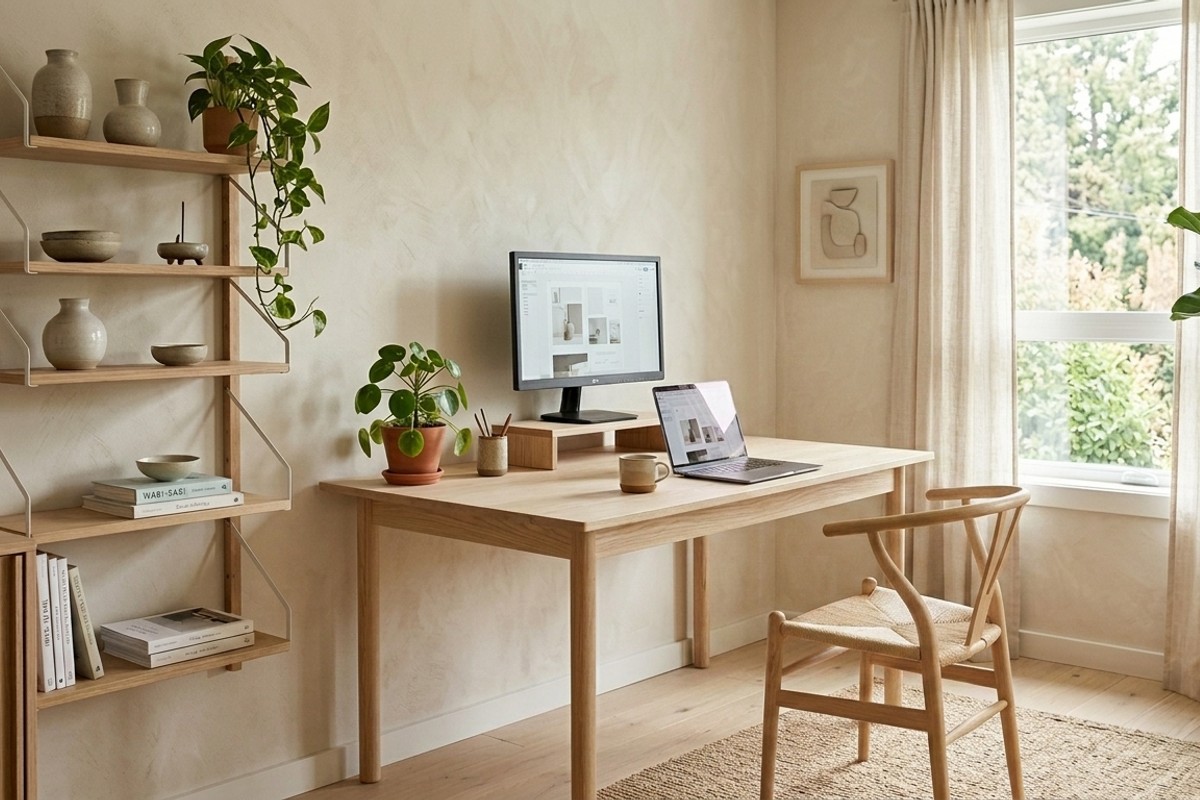 Japandi home office with light wood desk, understated chair, earthy tones, pottery, and green plants