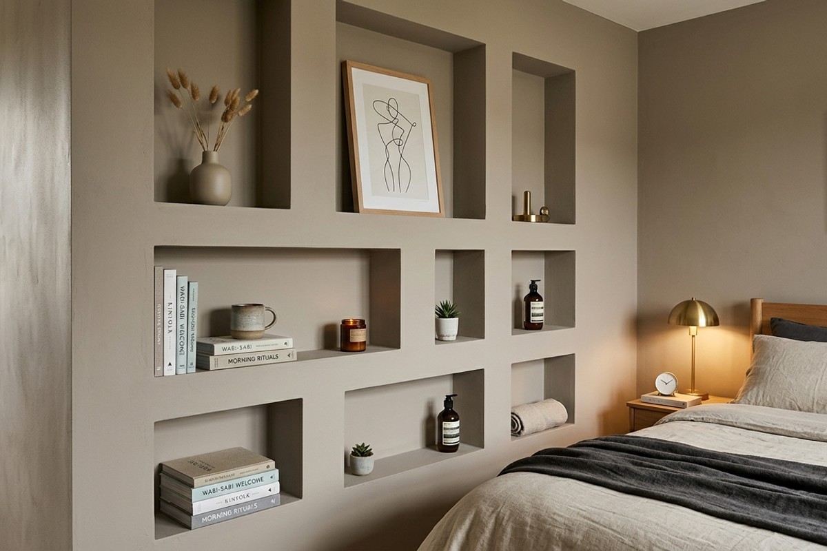 Integrated niche shelving and cubbies painted wall color for seamless storage