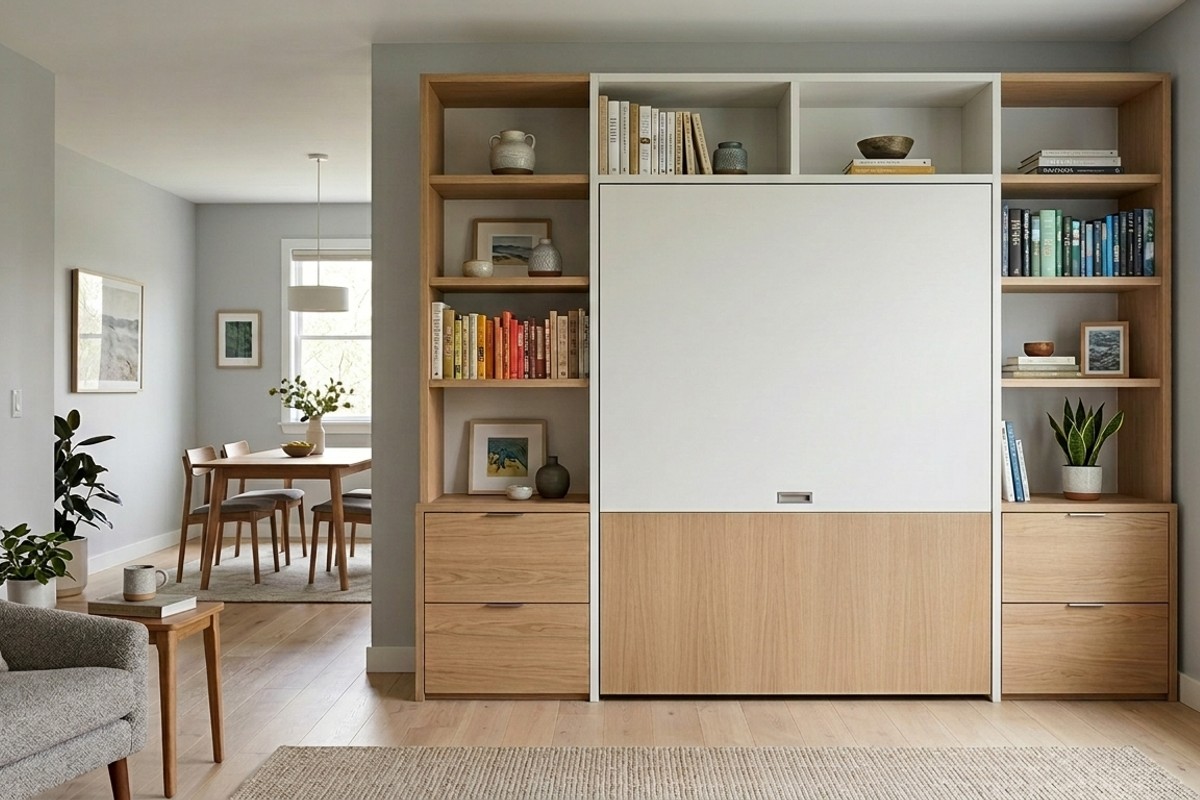 Hidden pull-out desk fully retracted into a modern cabinet for an uncluttered, seamless look.