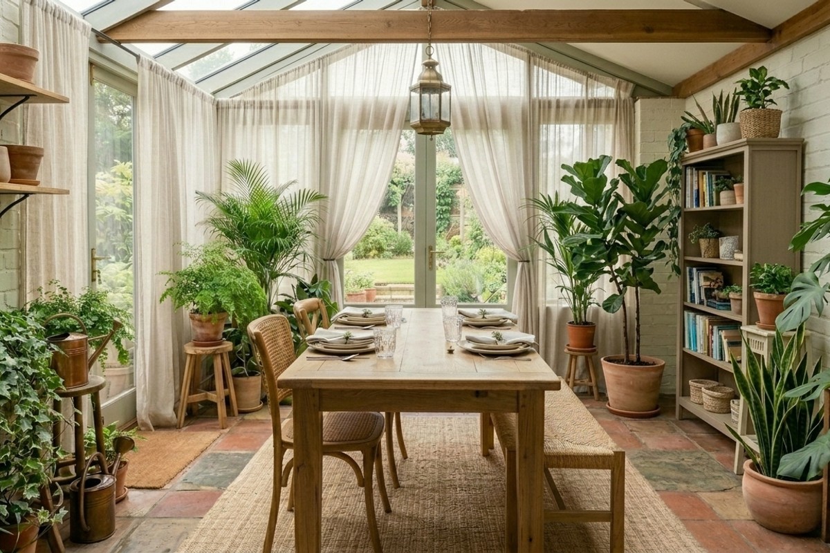 Garden room oasis dining room with abundant potted plants and natural light.