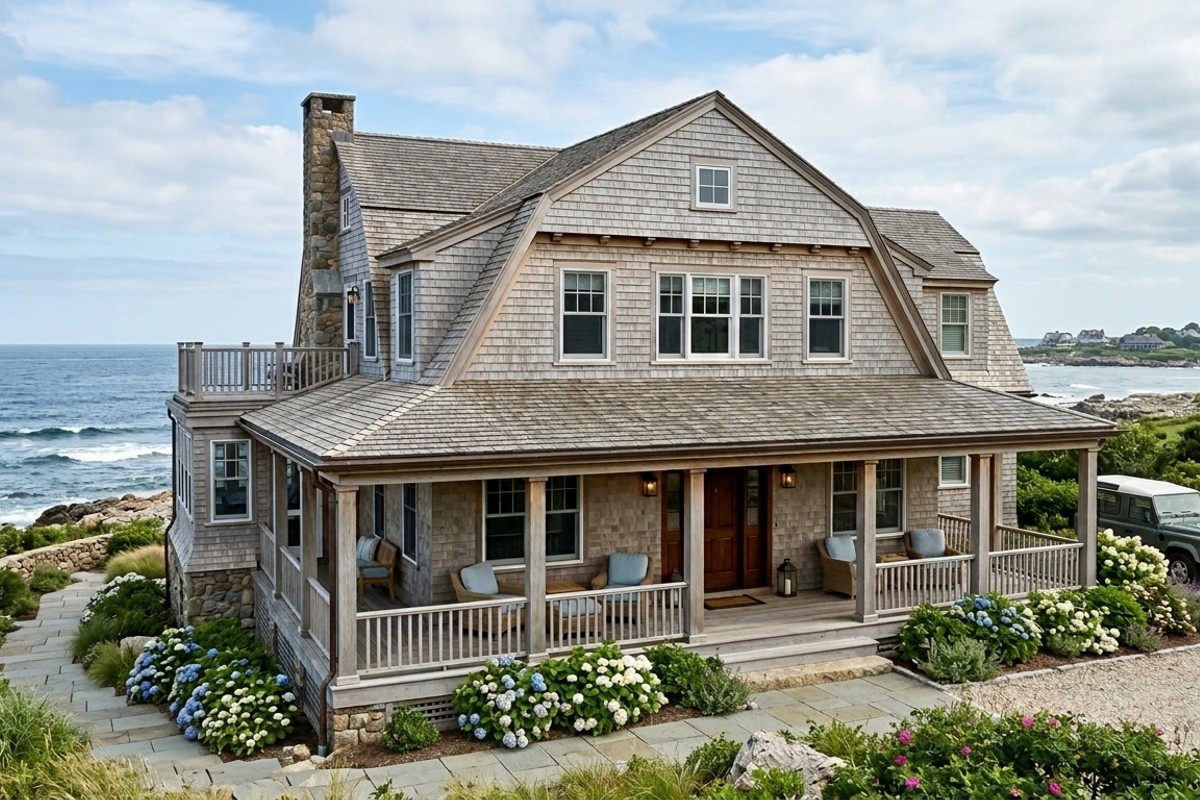 Coastal shingle-style home exterior with silvery-gray cedar shingles, a gambrel roof, and a large porch, typical of seaside architecture.