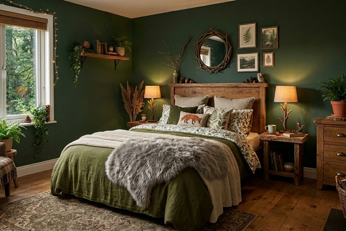 Woodland whimsy serene bedroom with forest green, bark browns, natural wood, botanical wallpaper, and faux fur throw.