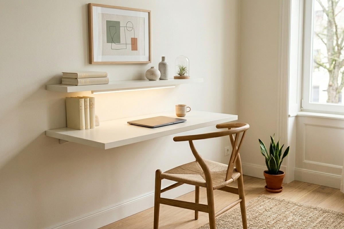 Minimalist wall-mounted desk matching the wall color, with a simple chair and task light.