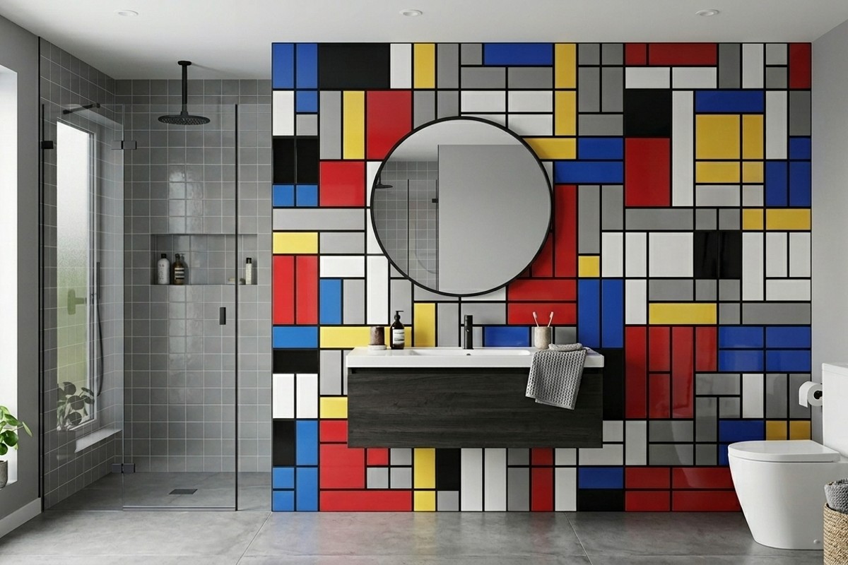 Modern Mondrian bathroom design with color-blocked rectangular tiles in primary colors on a main wall.