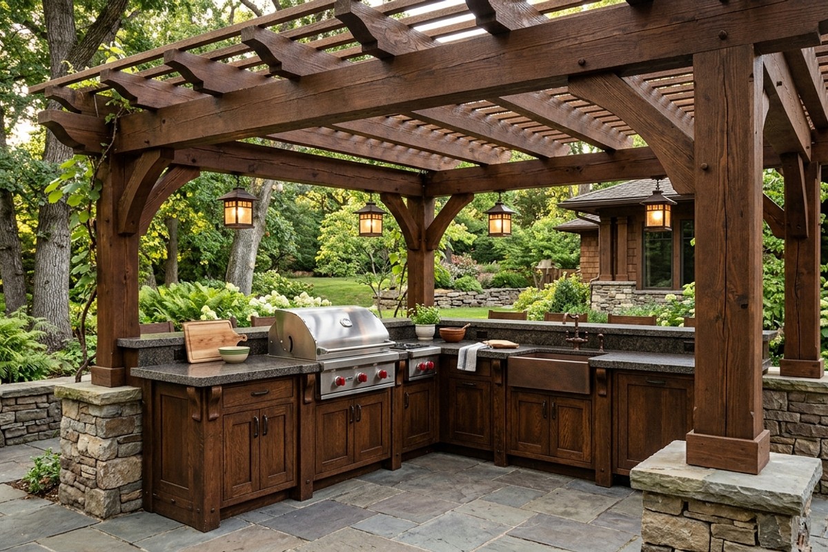 Craftsman outdoor kitchen featuring dark wood cabinets, solid granite countertops, and a pergola with robust columns.