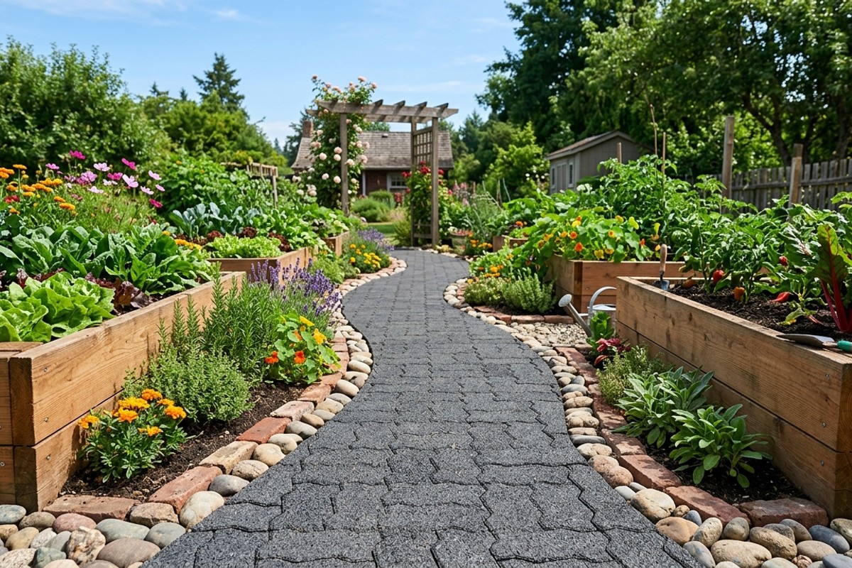 Sustainable garden featuring permeable recycled rubber pavers, pathways of natural stone, and raised beds made from sustainably harvested cedar.