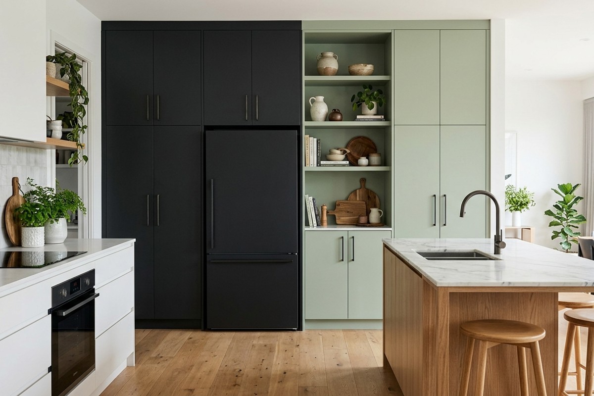 Modern kitchen with a pantry wall featuring a vertical split of charcoal and sage green.