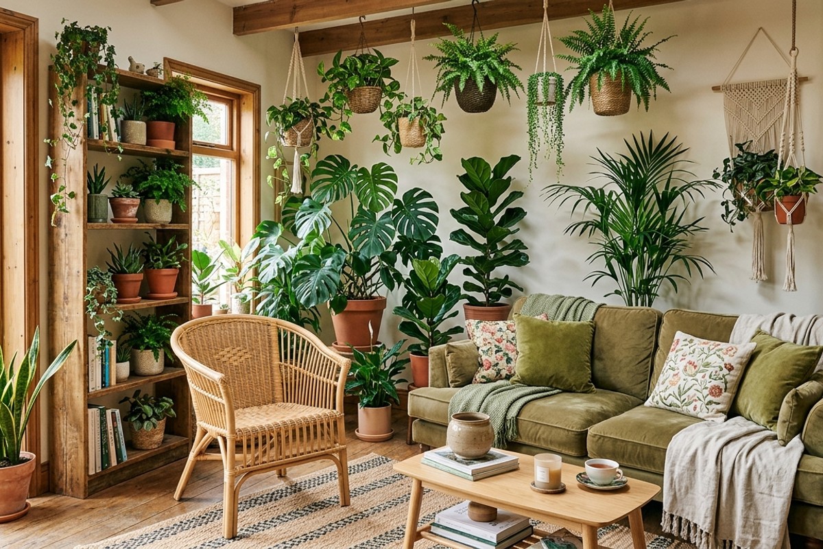 Lush botanical living room with towering floor plants, hanging baskets, rattan furniture, and soft lighting.