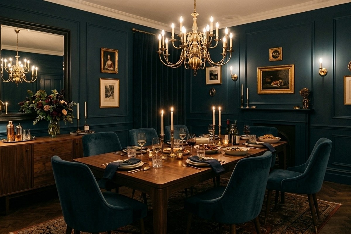 Dark and moody elegant dining room with Hague Blue walls, walnut table, velvet chairs, and brass accents.