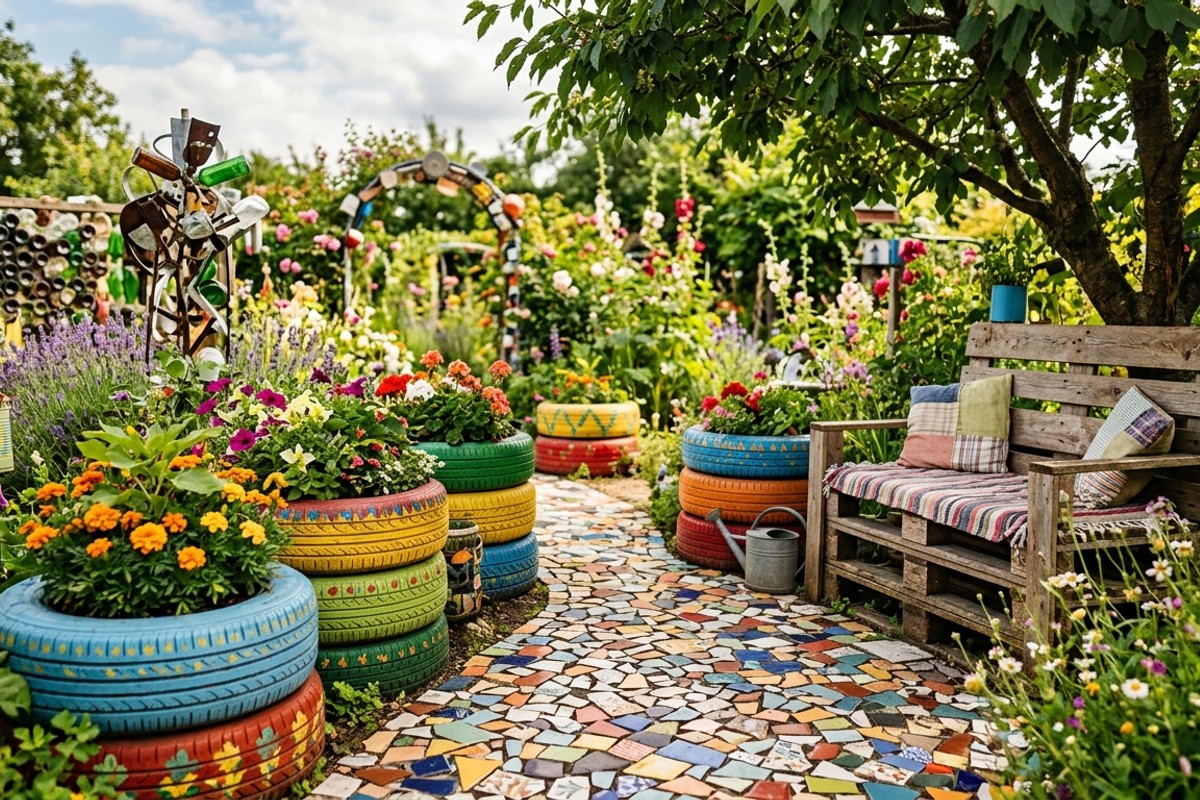 Garden incorporating recycled materials like vibrant tire planters, mosaic pathways from broken pottery, and pallet benches.