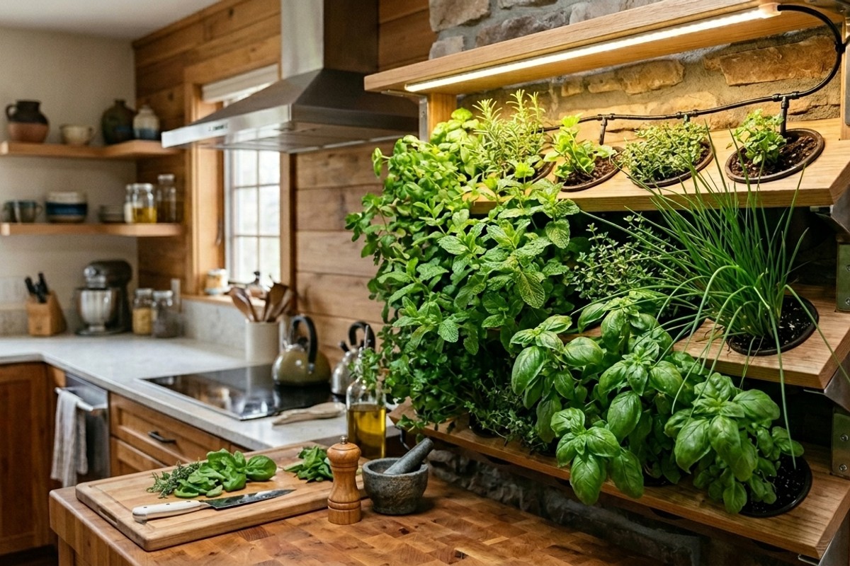 Kitchen with a vibrant vertical herb garden on the wall, featuring fresh basil, mint, and chives.