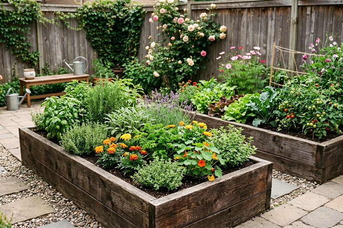 Raised garden beds made of reclaimed wood filled with herbs
