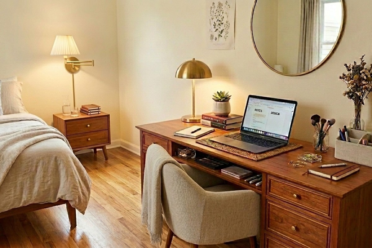 Bedroom vanity in rich cherry wood or with a mirrored top, functioning as a home office with laptop space and storage drawers.