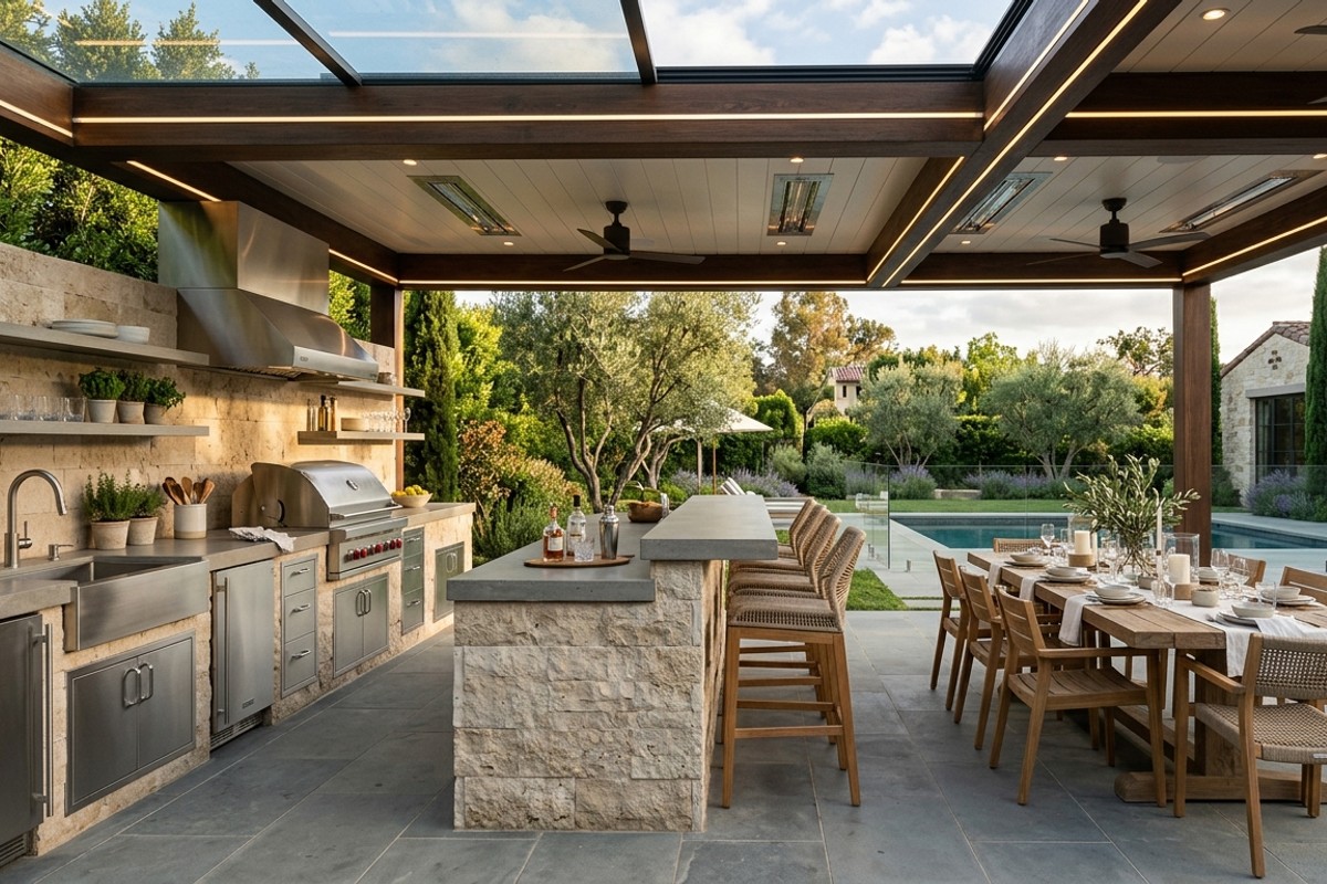 Covered outdoor kitchen with pergola, built-in grill, stone countertops, bar seating, and dining table