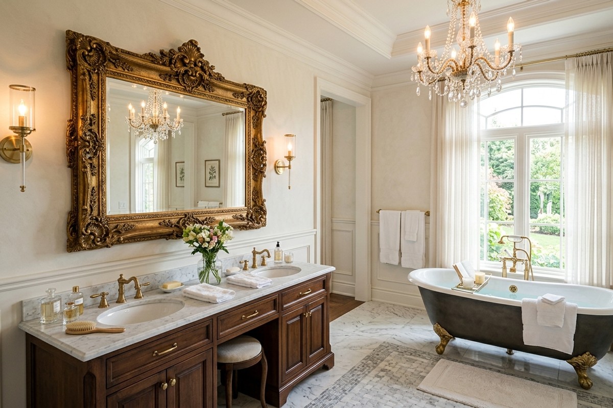Classic elegant bathroom with ornate mirror and freestanding tub