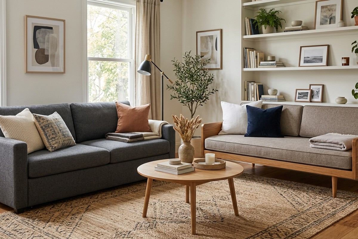 Living room with charcoal sofa bed and chaise lounge, demonstrating convertible comfort for guests