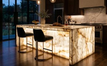 Show-stopping kitchen island made of translucent, backlit onyx or quartzite, glowing with natural patterns.