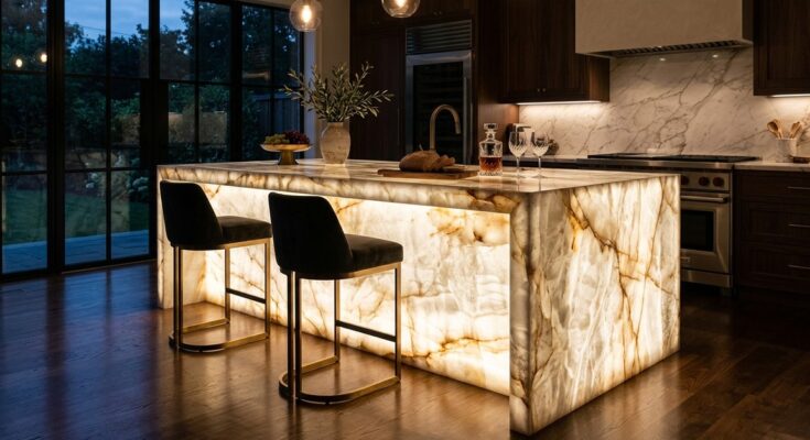 Show-stopping kitchen island made of translucent, backlit onyx or quartzite, glowing with natural patterns.