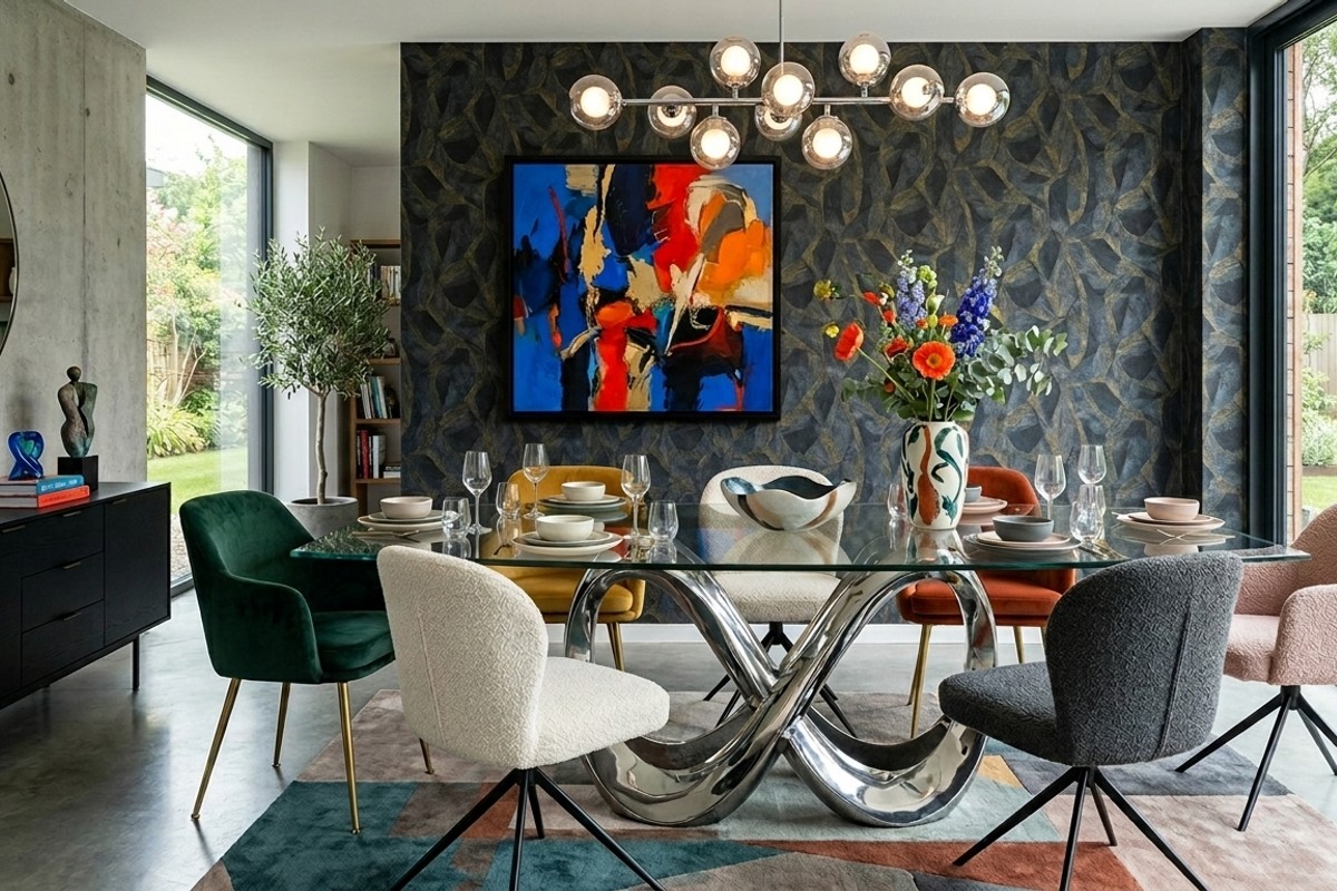 Bold contemporary dining room with avant-garde table, mixed chairs, modern art, and vibrant accents.