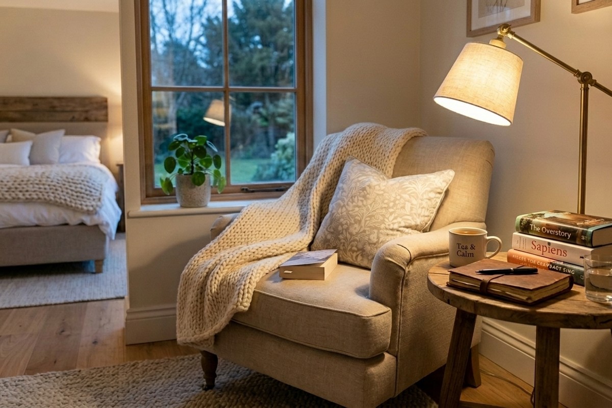 Cozy bedroom comfort corner with armchair, soft throw, reading light, and books.
