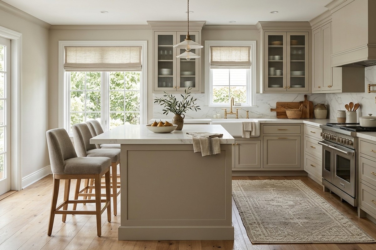 Greige and white kitchen with layered neutral tones, crisp white counters, and fluted cabinetry