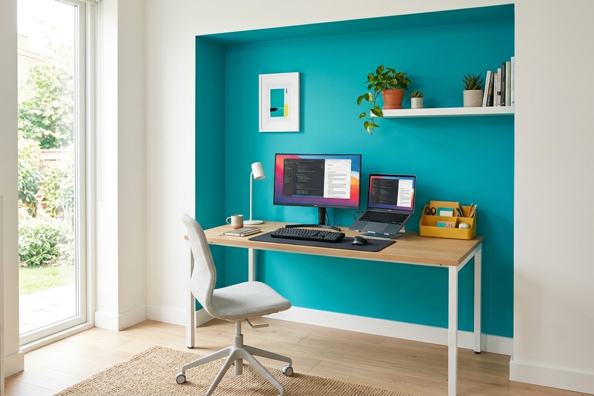 Color-blocked home office with a vibrant teal accent wall, neutral furnishings, and contrasting accessories, defining the workspace.
