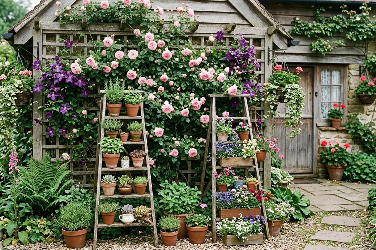 Vertical cottage garden with climbing roses, clematis, and repurposed wooden ladder planters with herbs and succulents.