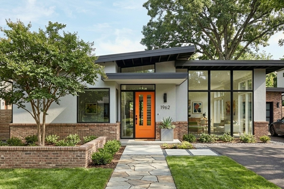 Mid-century modern facade with low roof, mixed materials, and vibrant front door.