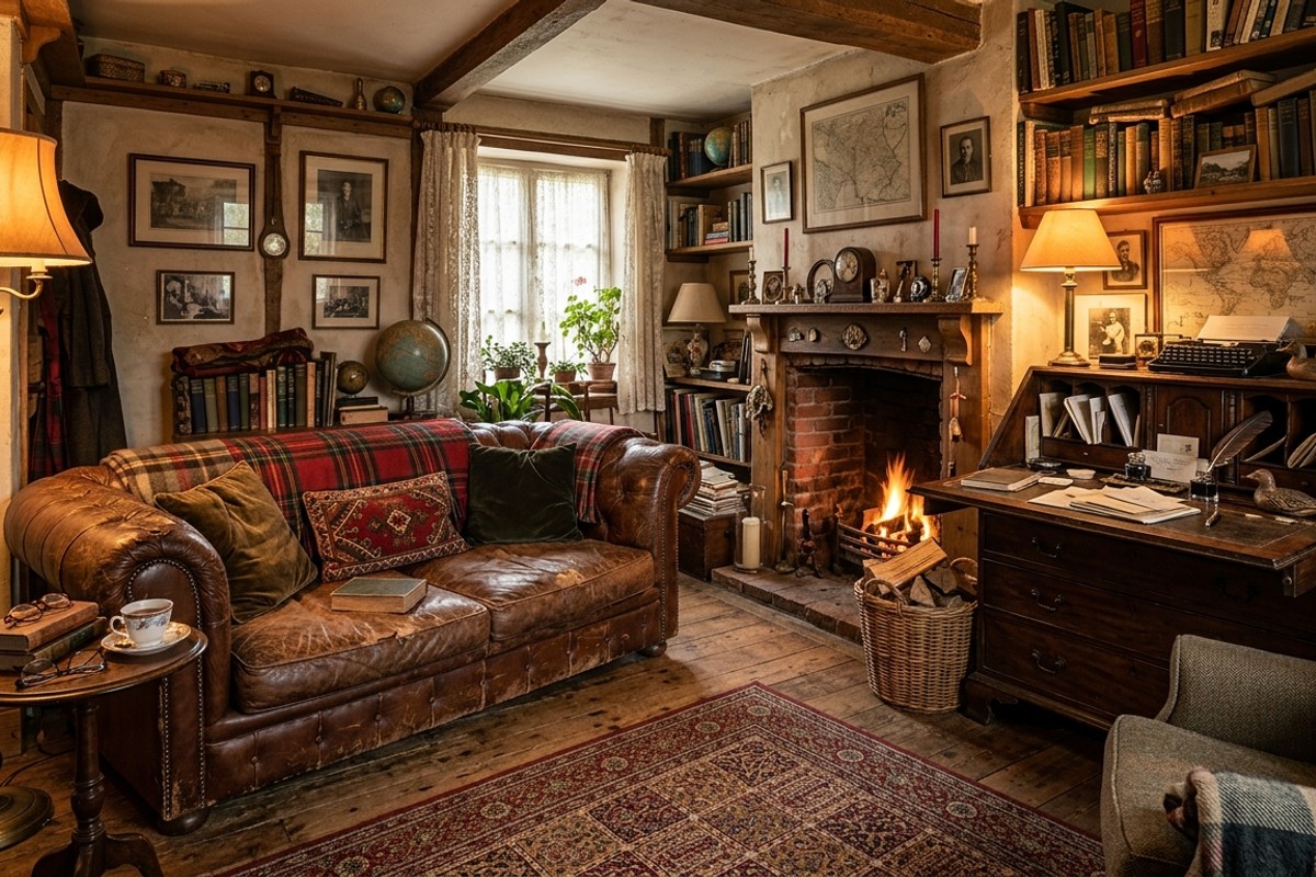 Vintage living room with distressed leather sofa, antique secretary desk, flea market finds, and warm lighting.