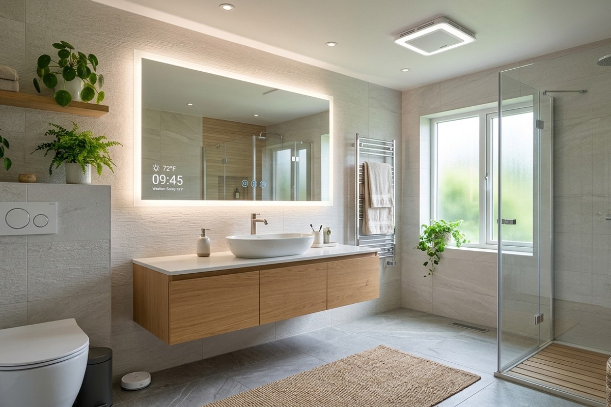 High-tech bathroom with smart mirror, motion-activated fan, and leak detection sensor