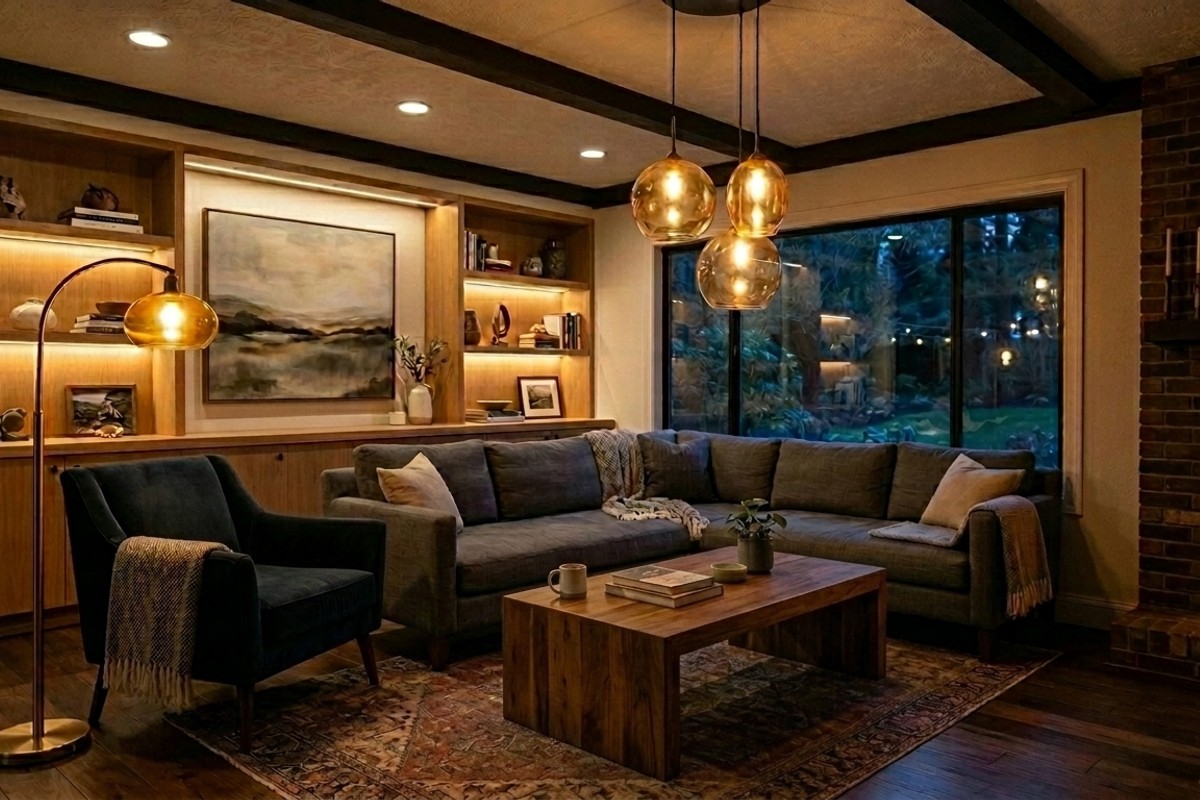 Living room with layered mood lighting, including an architectural floor lamp and hand-blown glass pendant lights with warm LED bulbs.