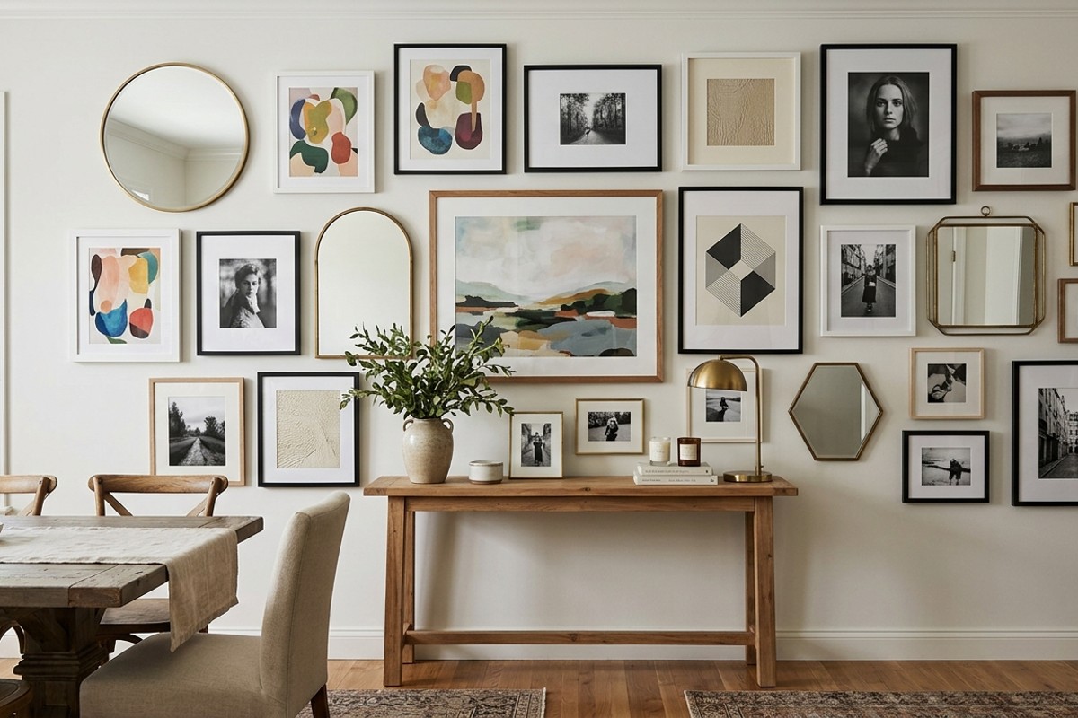 Dining room gallery wall with a mix of framed art, photographs, and decorative mirrors in neutral frames.