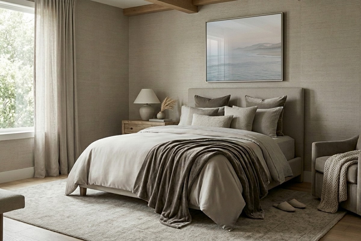 Monochromatic Calm bedroom in greige, featuring layered textures like velvet throw and silk duvet.