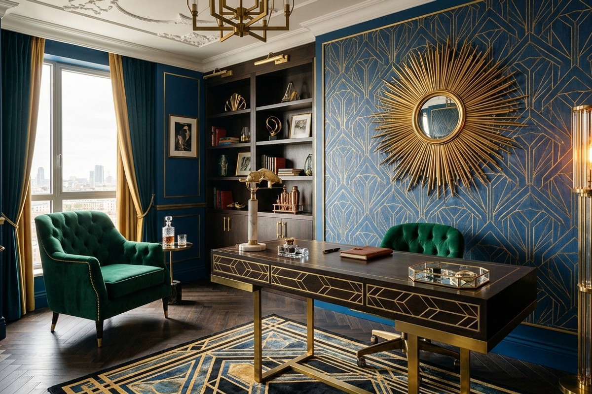 Art Deco glamour home office with mirrored desk, velvet chair, geometric patterns, brass accents, and sunburst mirror