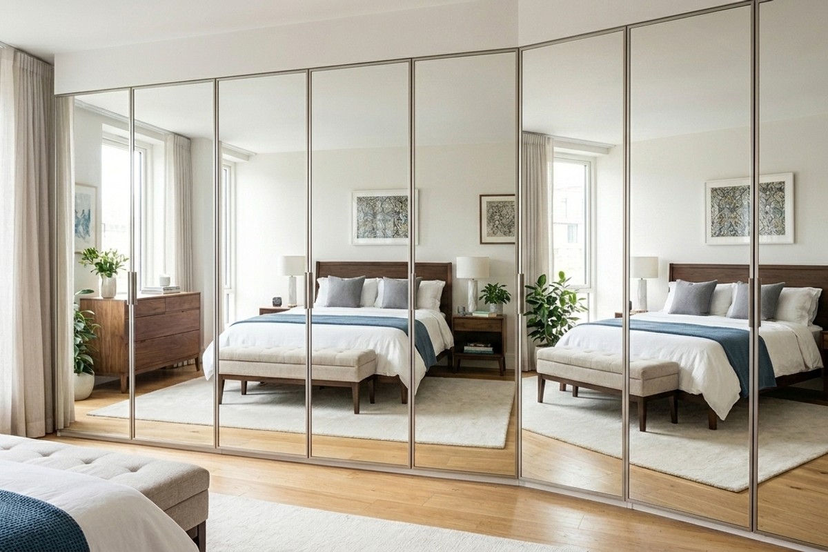 Mirrored wardrobe doors with hidden shallow shelves for accessories and jewelry storage