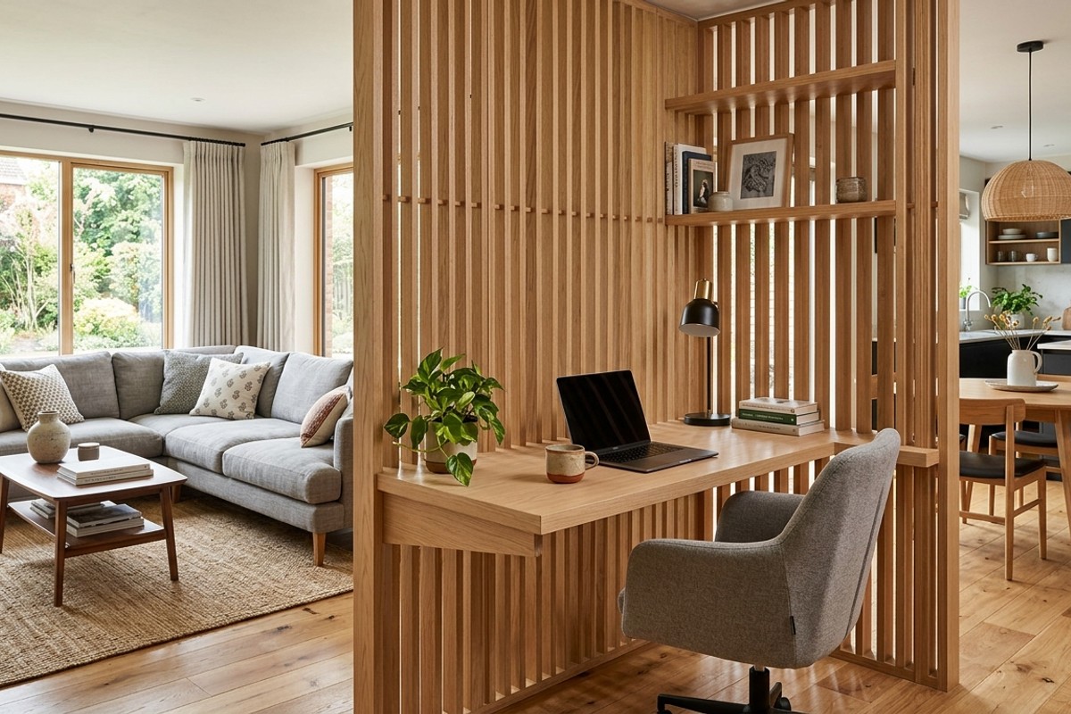 Open-plan living space with a slatted oak room divider featuring an integrated desk.