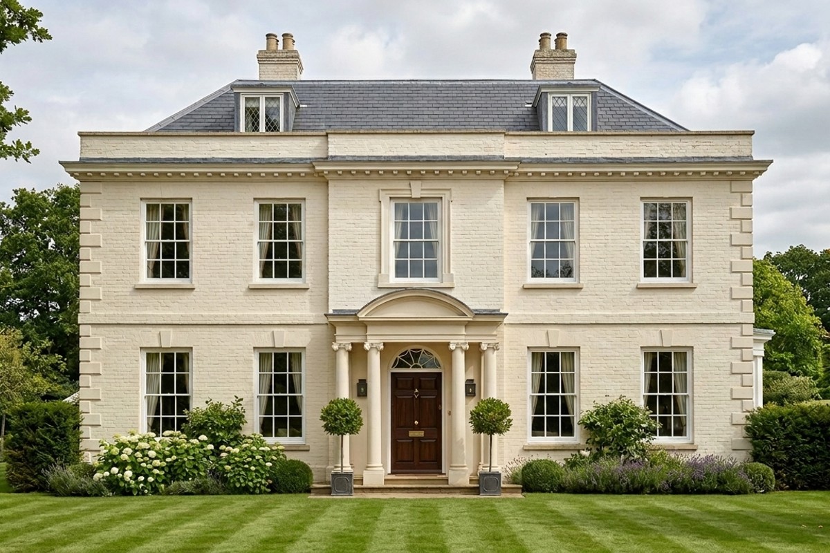 Georgian style home facade with strong symmetry, a central front door, evenly spaced windows, and creamy white painted brick, showcasing classical proportions.