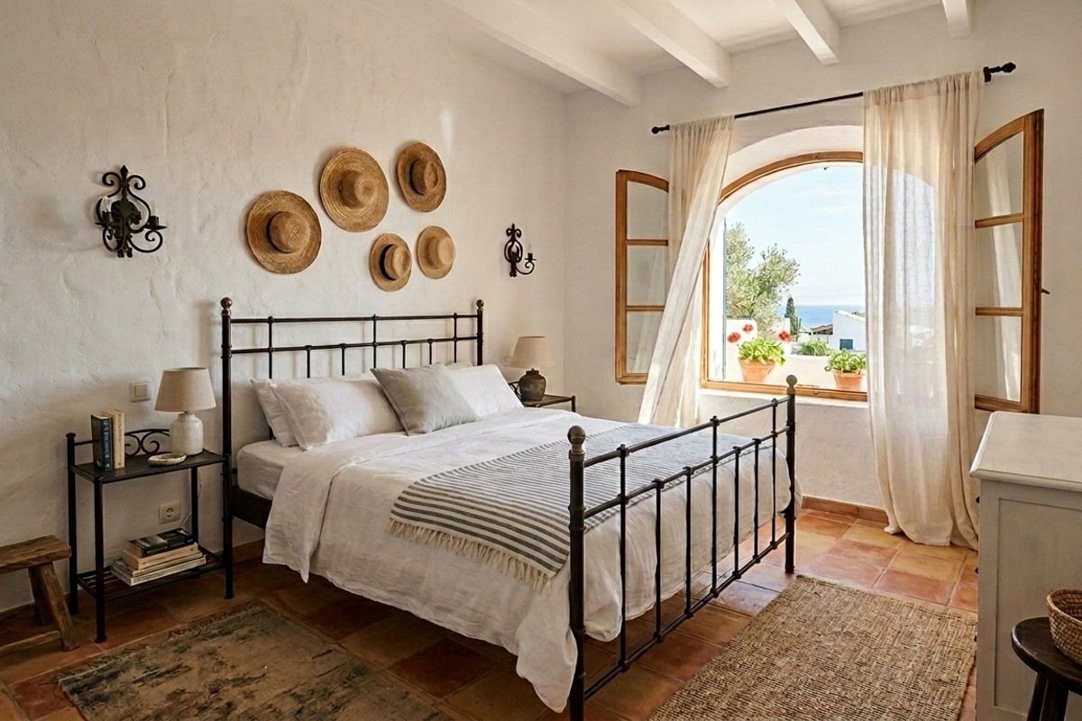 Mediterranean serene bedroom with white-washed walls, terracotta, wrought-iron, linen drapes, and straw hats.
