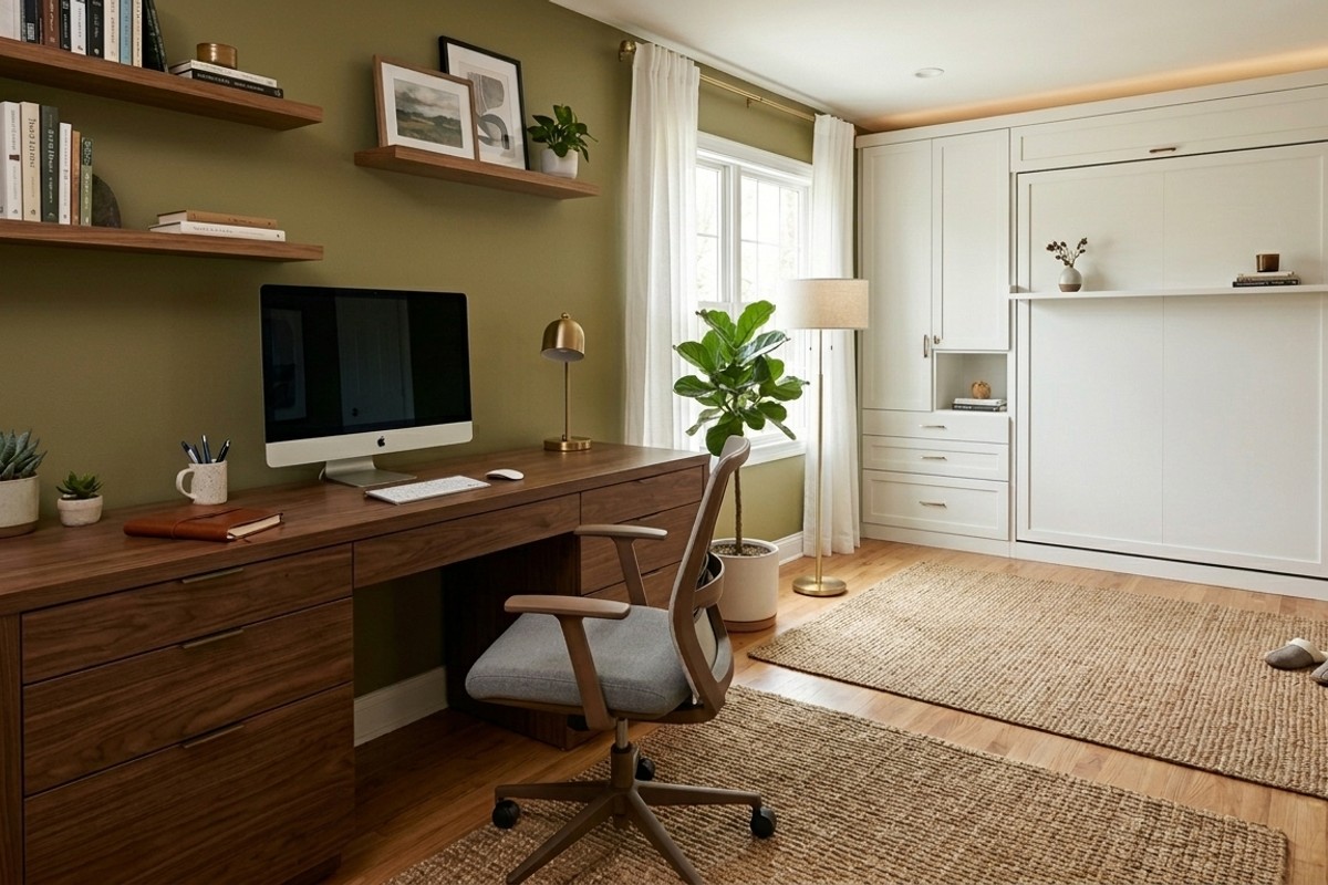 Dual-purpose guest room with a credenza serving as a desk and a pull-out sofa.