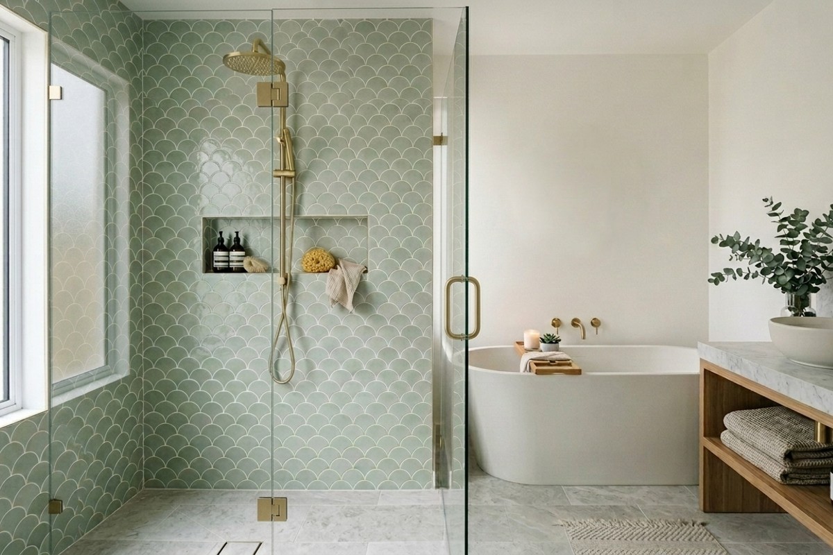 Scallop serenity bathroom with soft sage green fish scale tiles on a shower wall for a spa-like feel.