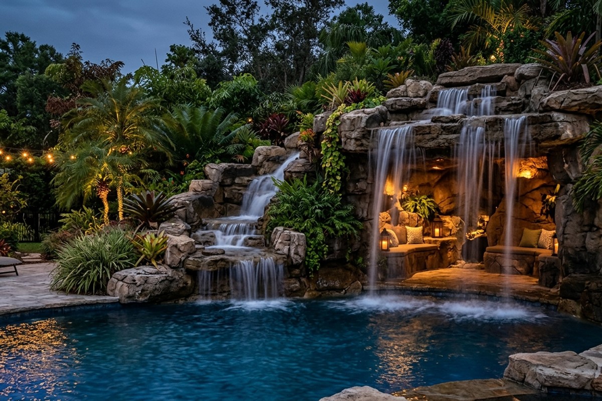Grotto and waterfall pool with rock formations, hidden grotto, and dense naturalistic planting.