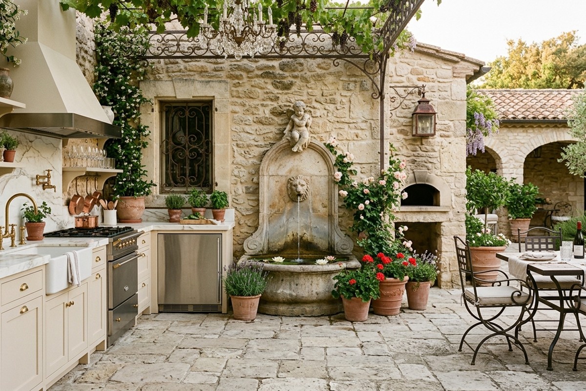 Elegant European courtyard outdoor kitchen with stone walls, painted cabinets, marble countertops, and decorative ironwork.