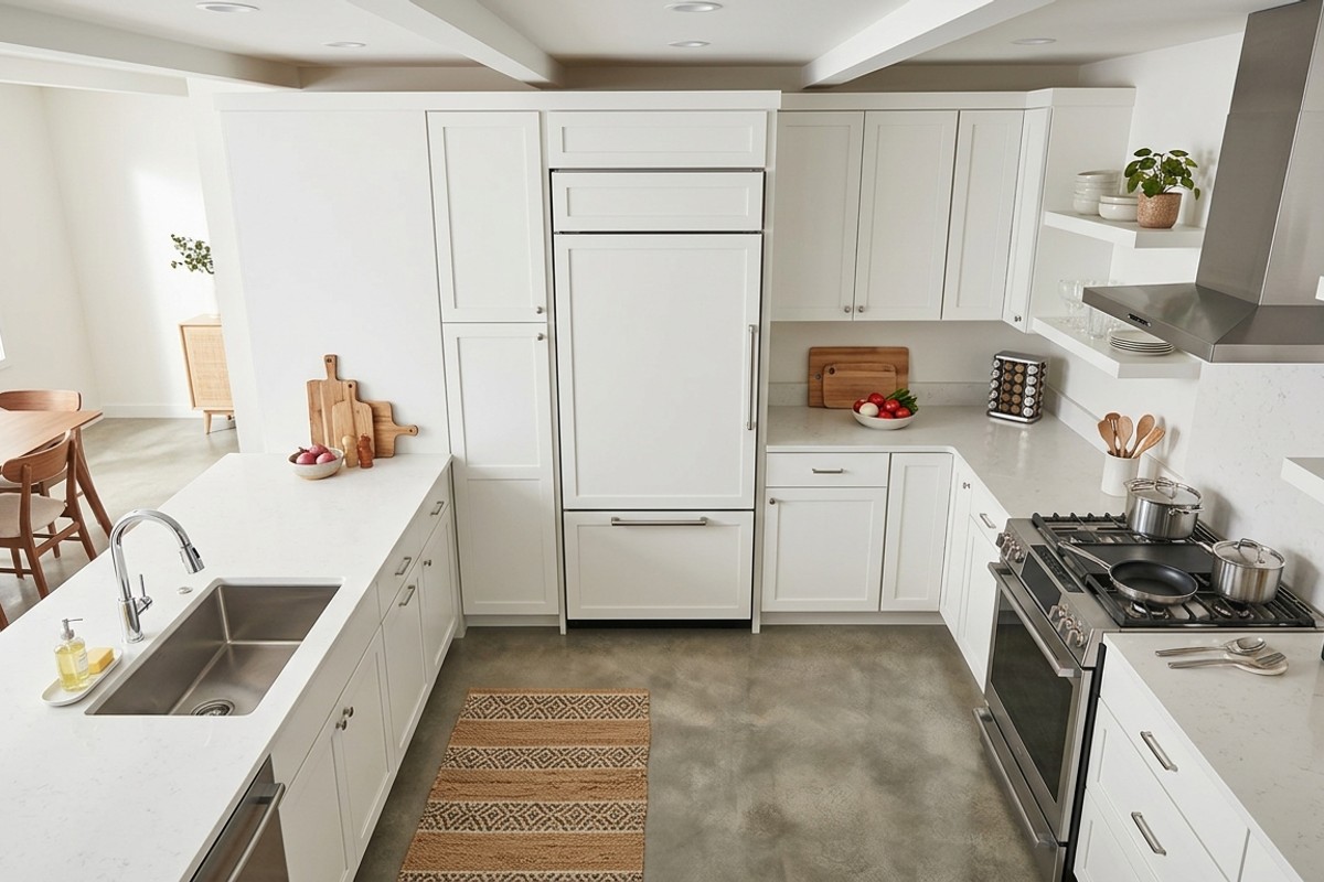 Illustration of the kitchen work triangle showing the path between sink, refrigerator, and range