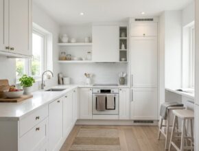 Small kitchen with crisp white cabinets and light walls, creating an illusion of space.